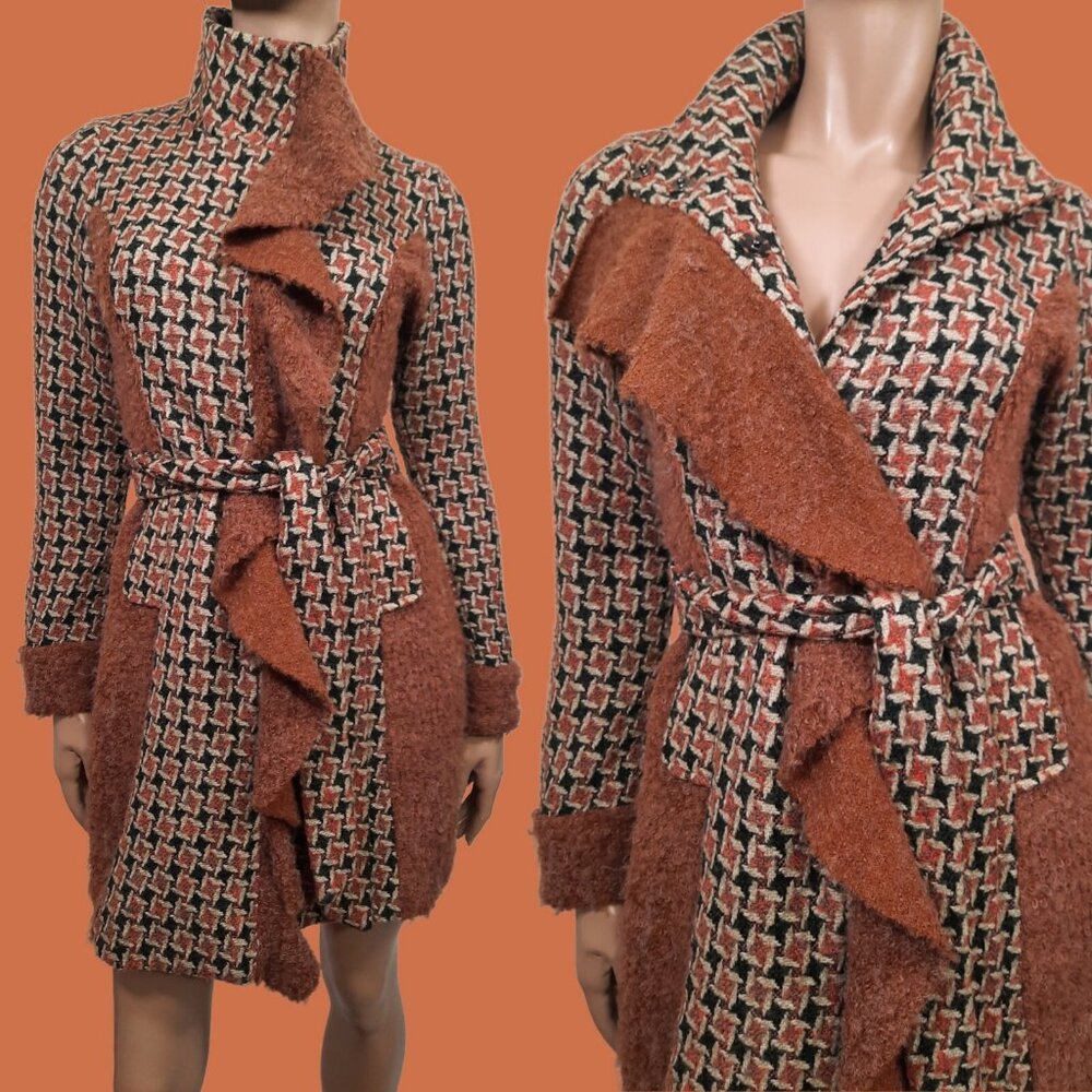 Y2K Belted Mid Length Houndstooth Coat Rust Brown Black Fuzzy Trim Size S